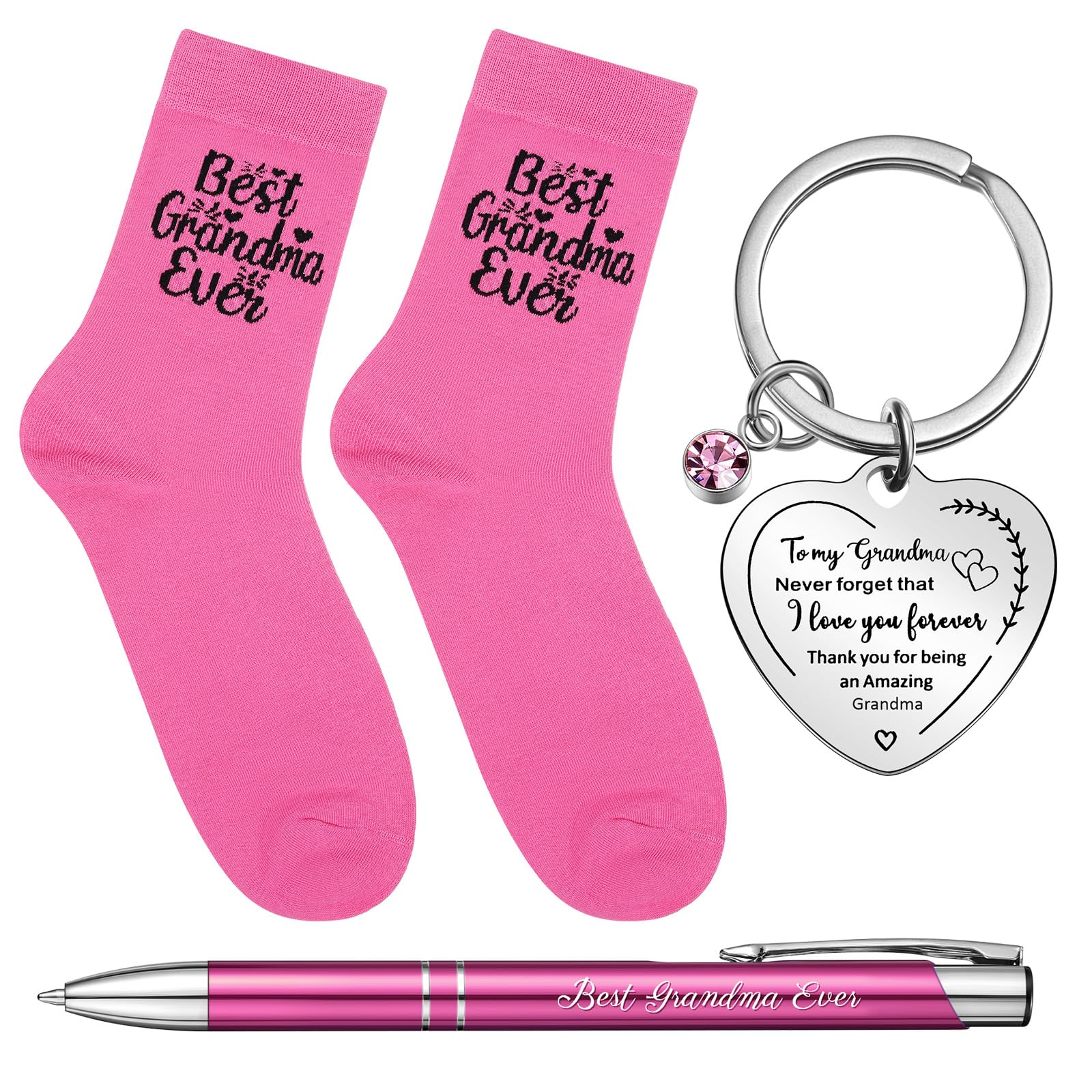 Tenare 4 Pcs Nana Socks Christmas Grandma Gifts Set Card and Keyring Thank You Pen from Grandkids Keychain with Greeting Card Xmas Birthday Presents(Pink,Grandma)