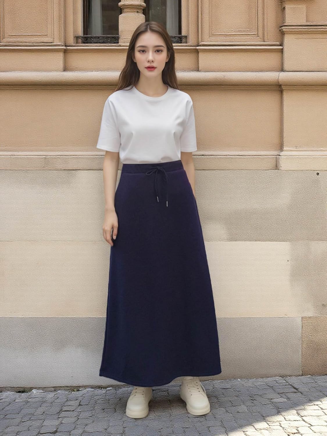 Women Fleece Lined Skirt Long Warm Fall Winter Skirts with Pockets and Drawstring,Elastic High Waisted A-Line Skirt - Image 7