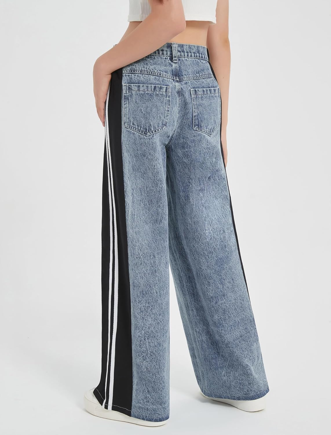 EXARUS Girls Wide Leg Jeans Striped/Bow Baggy Denim Pants Teen Elastic Waist Mid Rise Tween Y2K Streetwear 8-14Y