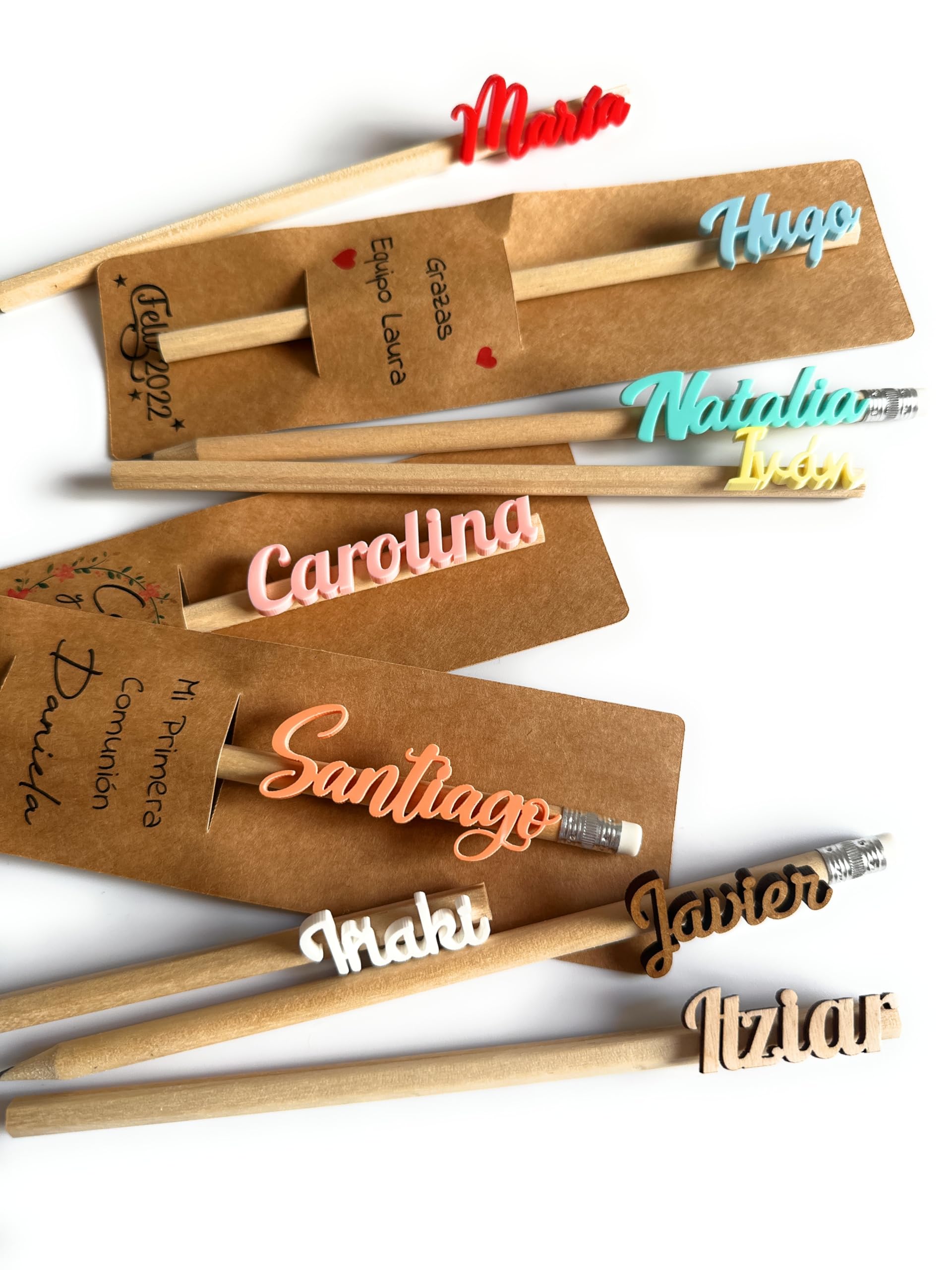 5 Lápices personalizados con nombre en madera. Marcasitios. VPM Original. Producto artesanal fabricado en España