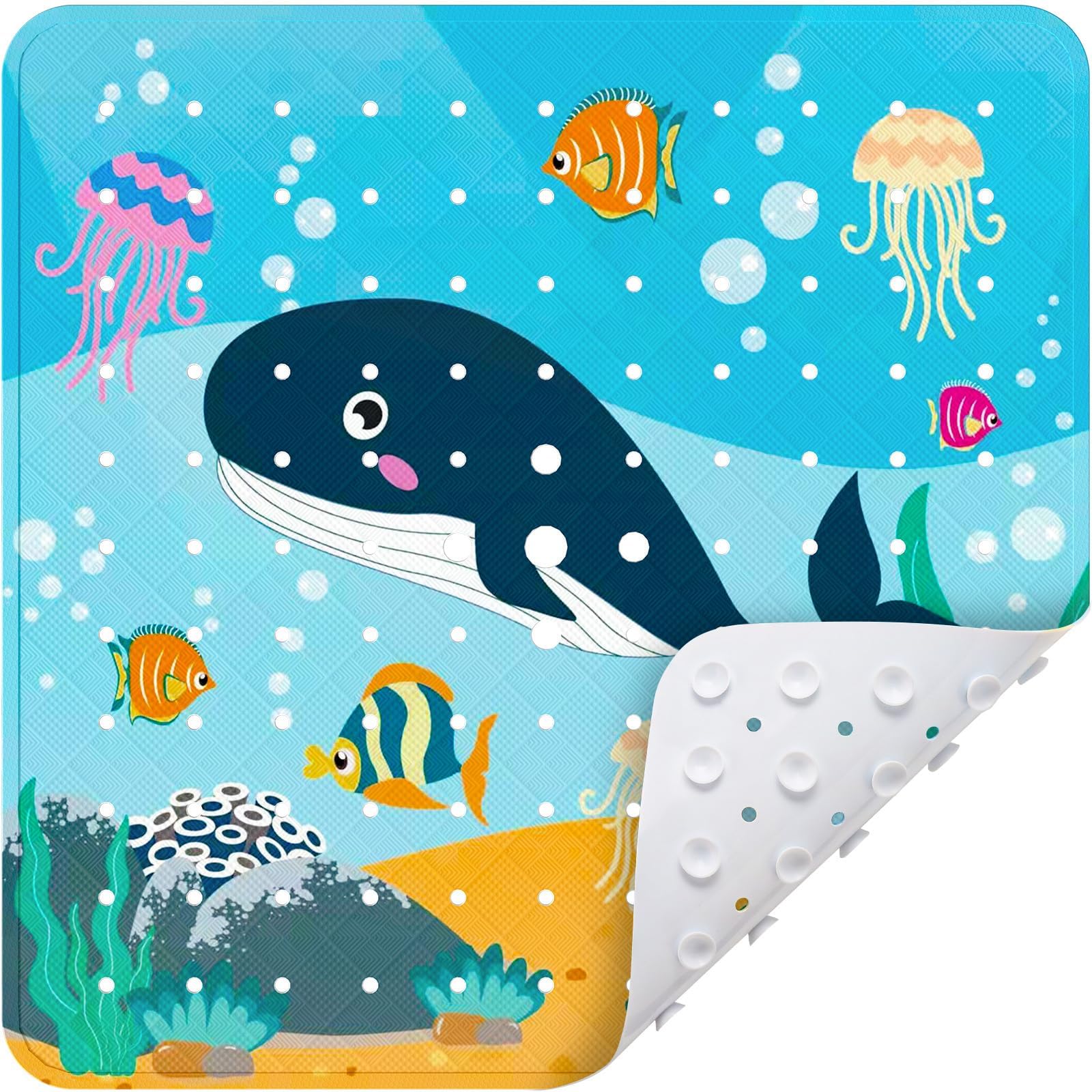 XIYUNTE Square Shower Mat for Kids - 21 X 21 Inch Cartoon Baby Bath Mat for Tub, Whale Patterned Kids Bath & Shower Safety Mats