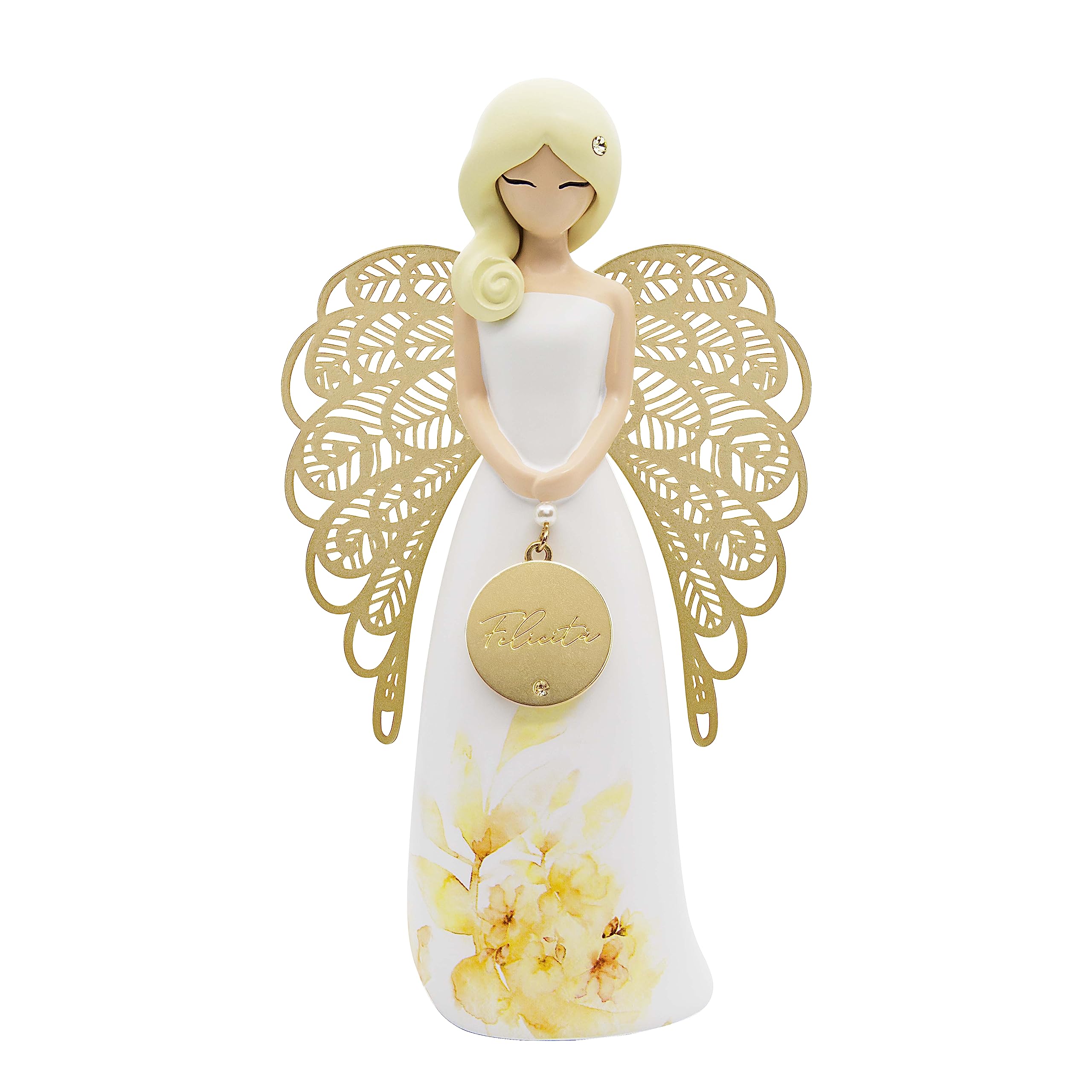 Figura Decorativa 'You Are An Angel' Con Strass E Foglia Floreale - In Metallo Dorato, Idea Regalo Romantica