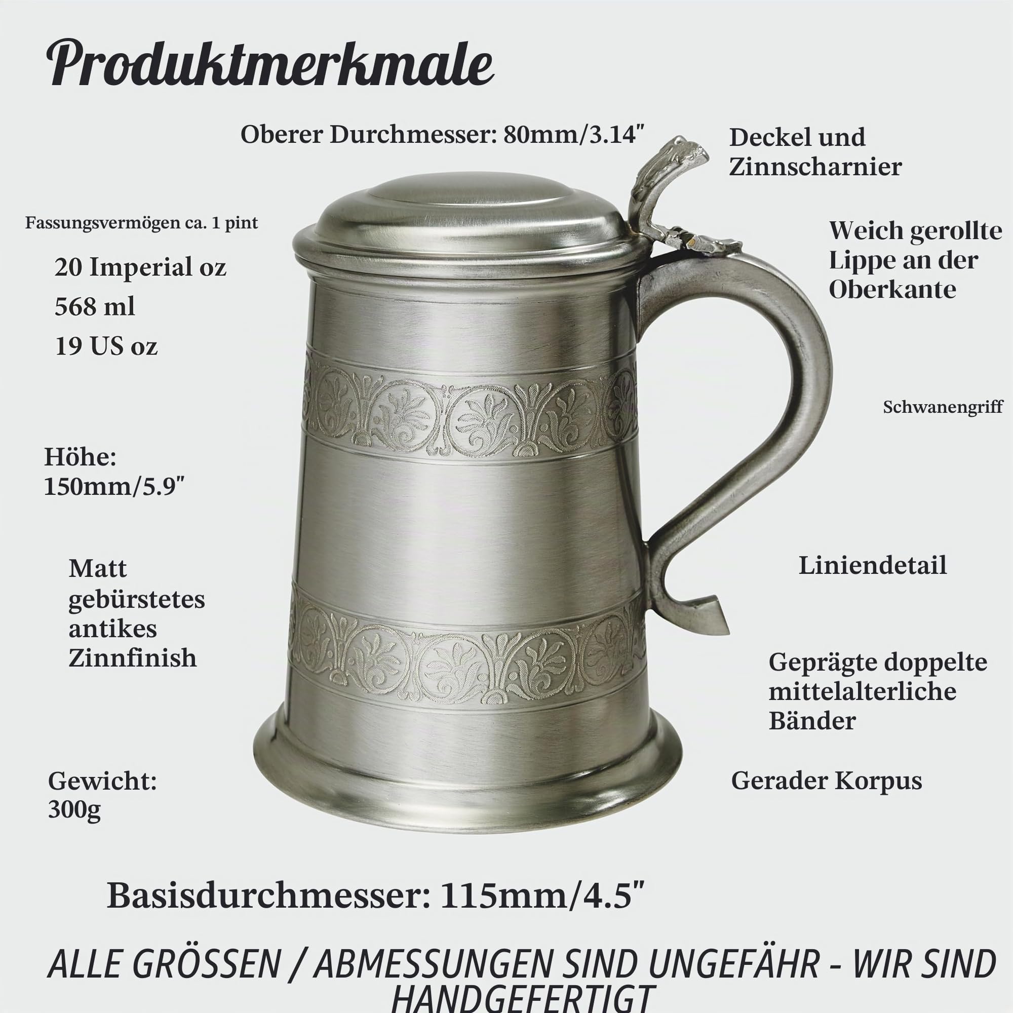 Wentworth Zinn – Mittelalter Antik Finish Zinn 1 Pint Bierkrug