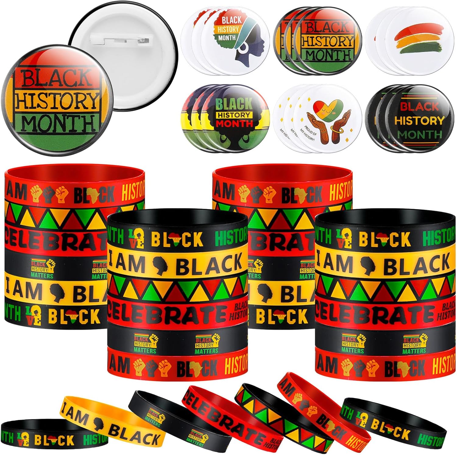 Poen 240 Pcs Juneteenth Party Favors 120 Pcs Round Pin Buttons Bulk Happy Juneteenth Silicone Wristband Bracelets for Festival Theme Party Supplies Holiday Gifts