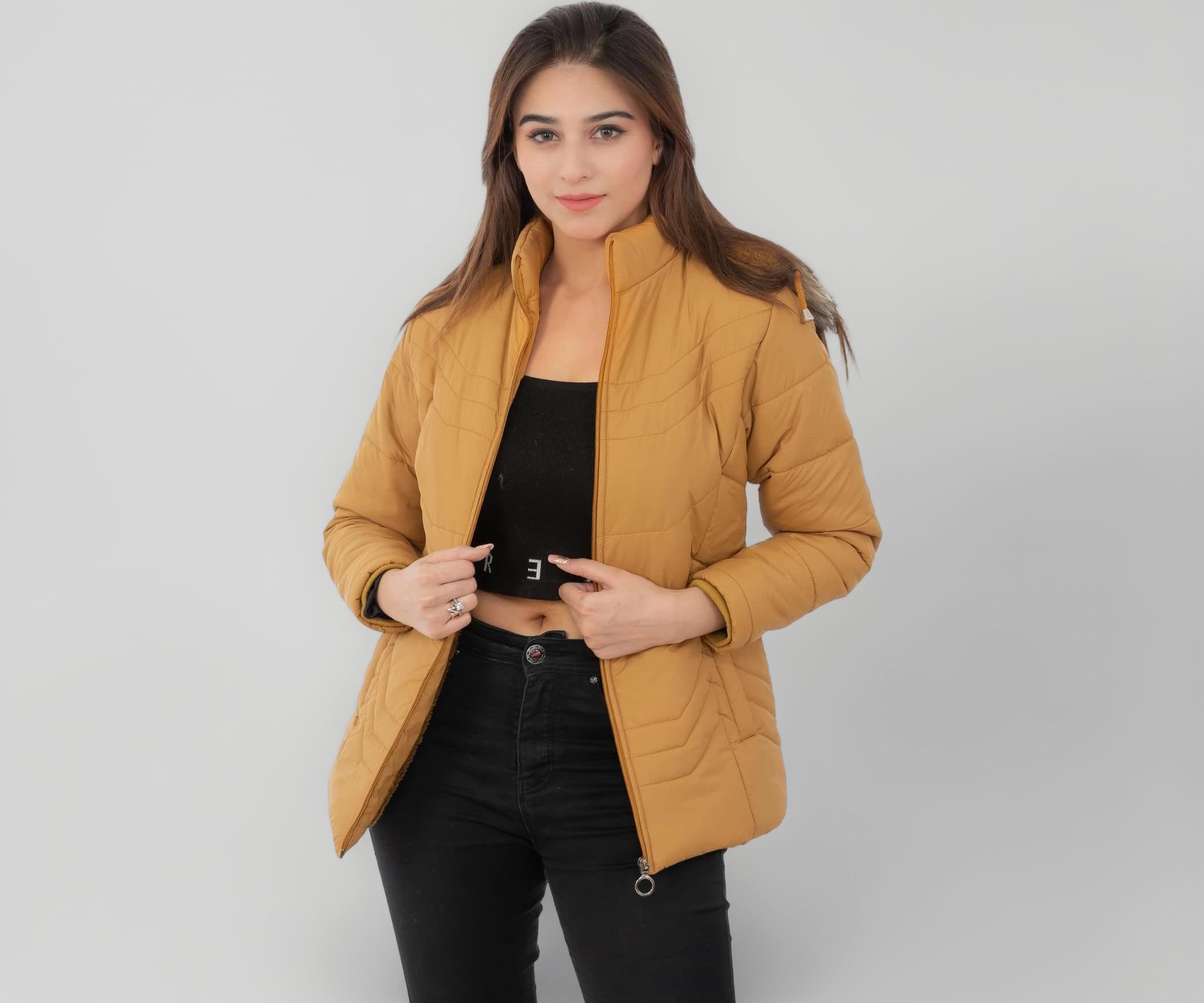 STUFFLIN Women's Quilted Puffer Standard Length Jacket Full Sleeves Winter Jacket Girls Winter Wear Jacket (L, Brown)