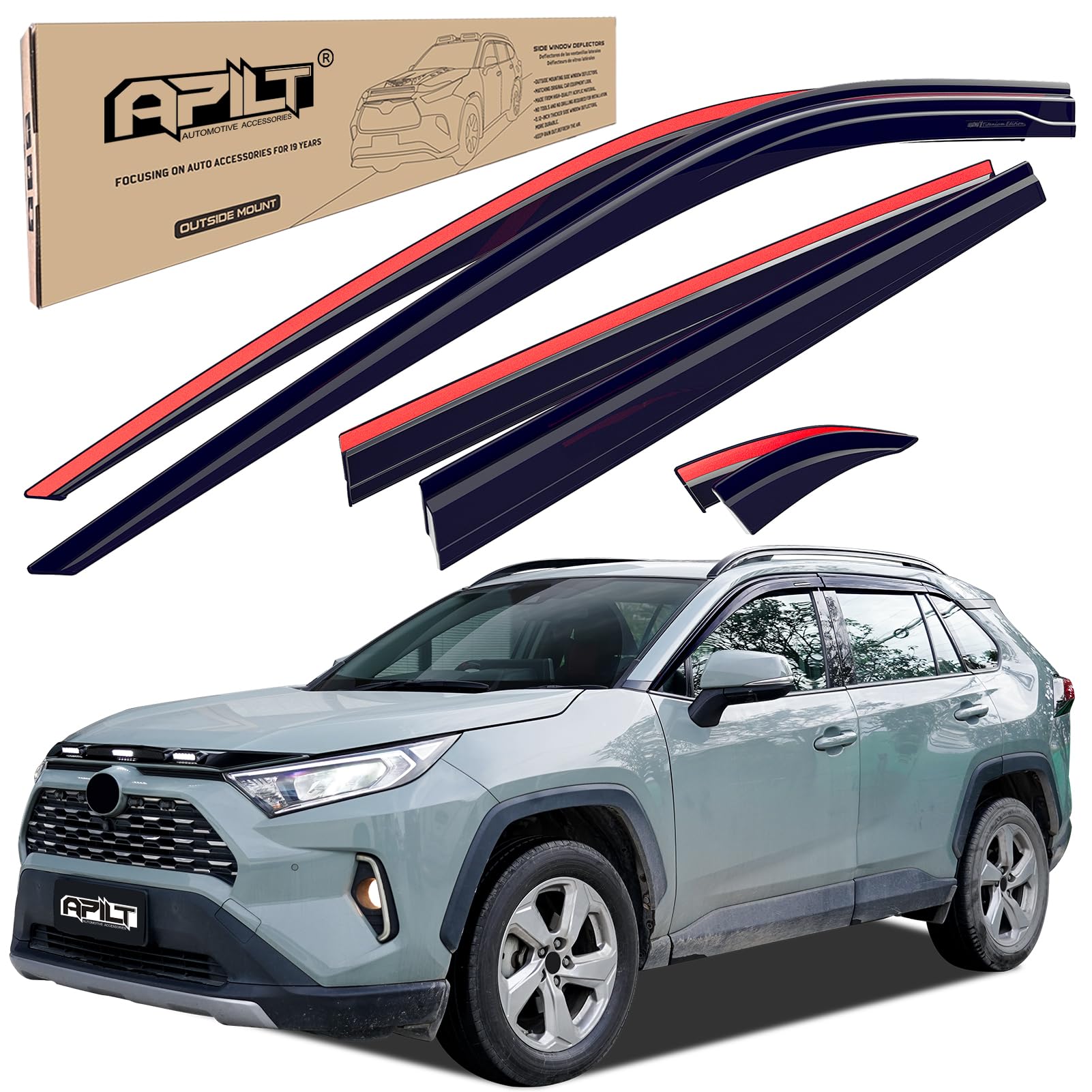APILT Outside-Mount Rain Guards Window Visors for 2019-2025 Toyota RAV4 Full-Size Wind Vent Deflectors Car Accessories Dark Smoke 6-Piece Set with