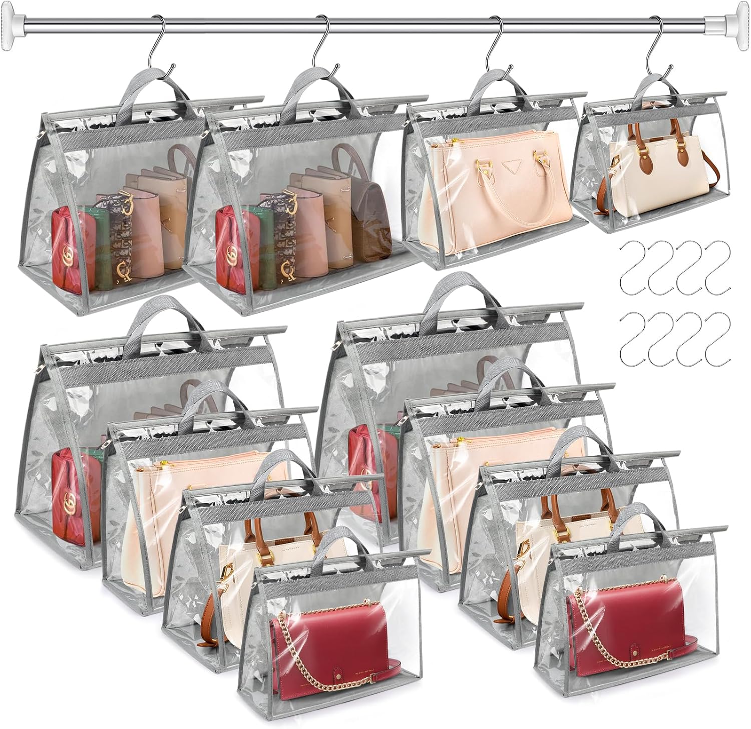 12 Pack Dust Bags for Handbags, 4 Sizes Gray Purse Storage Organizer with Zipper and Hook, Dustproof & Moistureproof Handbag Protector for Closet