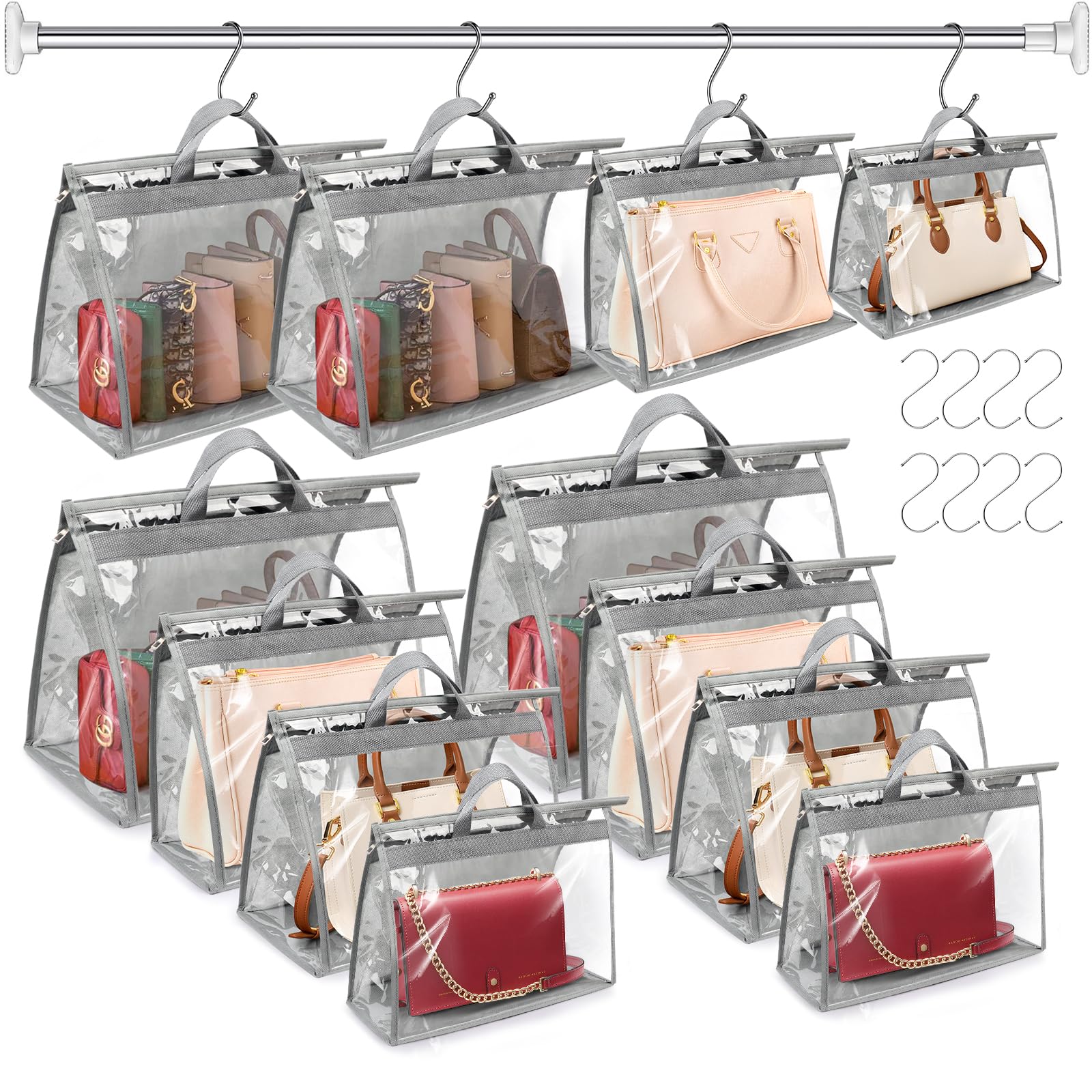 Photo 1 of 12 Pack Dust Bags for Handbags, 4 Sizes Gray Purse Storage Organizer with Zipper and Hook, Dustproof & Moistureproof Handbag Protector for Closet