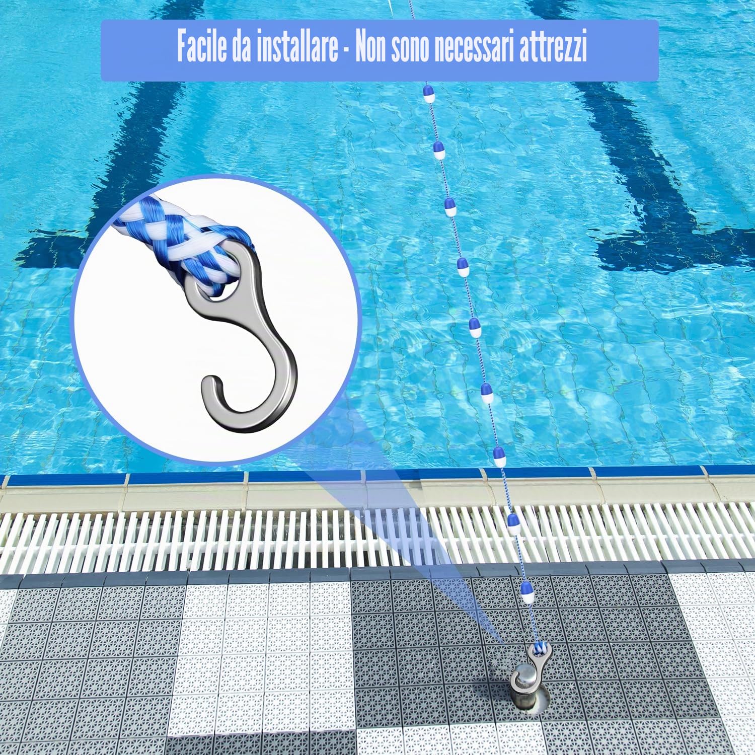 Corda Divisoria Di Sicurezza Per Piscina Da 5 M, Divisorio Di Sicurezza Per Piscina A Cordone Galleggiante Con Galleggianti E Ganci Per Dividere Aree Pericolose O Corsie Di Nuoto (11 Palline)