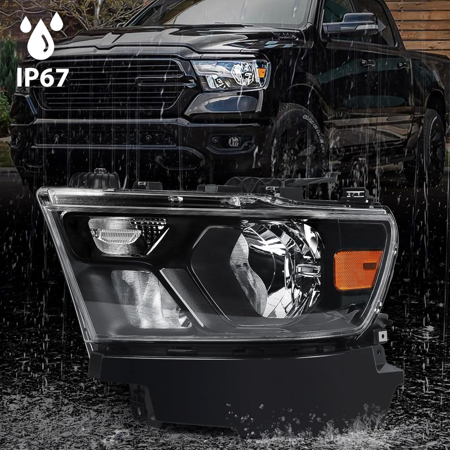 FIONE Halogen Headlights Assembly Compatible with Dodge Ram 1500 2019-2022 Replacement Headlamp with Black Frame Driver Left Side LH 68316087AD 68316087AH