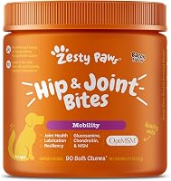 Zesty Paws Hip & Joint Supplement for Dogs - Glucosamine, Chondroitin, OptiMSM, Vitamins C & E - Bacon Chews, 90 Ct