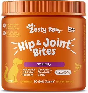 Zesty Paws Hip & Joint Supplement for Dogs - Glucosamine, Chondroitin, OptiMSM, Vitamins C & E - Bacon Chews, 90 Ct