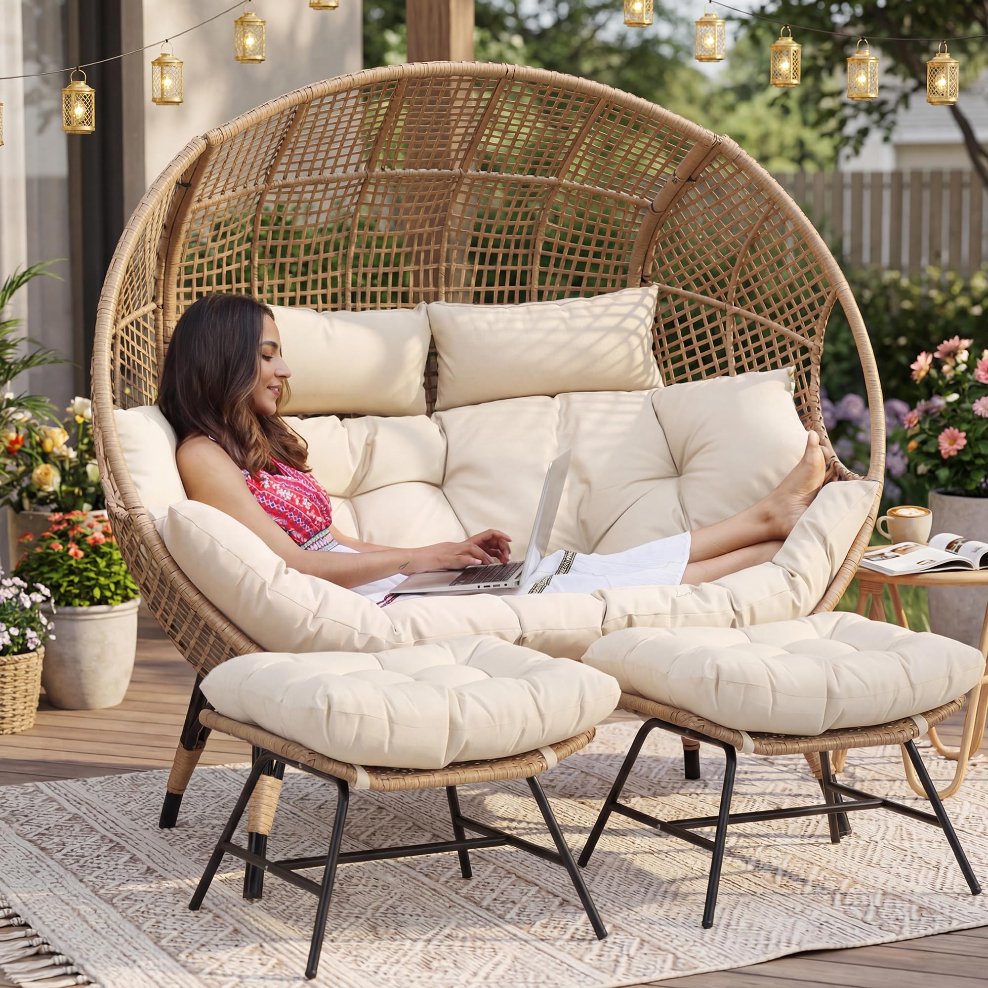 NICESOUL Modern Double Egg Chair with Footrest &amp; Padded Cushions, 2 Person Wide Wicker Lounge Chair with Deep Seating, 57.1" Extra Large Stationary Loveseat Cozy Cream Chairs for Inside Outside