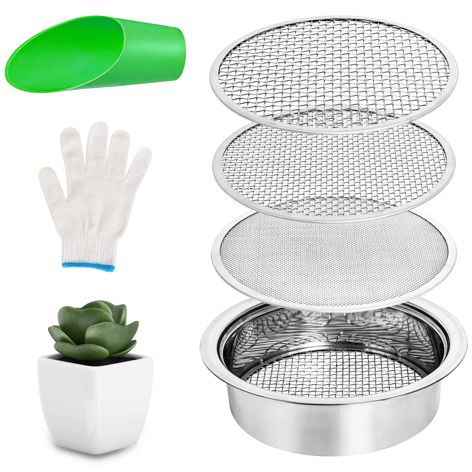 3PCS Soil Sifter Set, Stainless Steel Rock Garden Sieve Soil Sifter, 9.6in Compost Sifter Screen Pan Contain 3 Interchangeable Mesh Sizes (0.05",0.15",0.25") with Bonsai Soil Scoops Gardening Tool