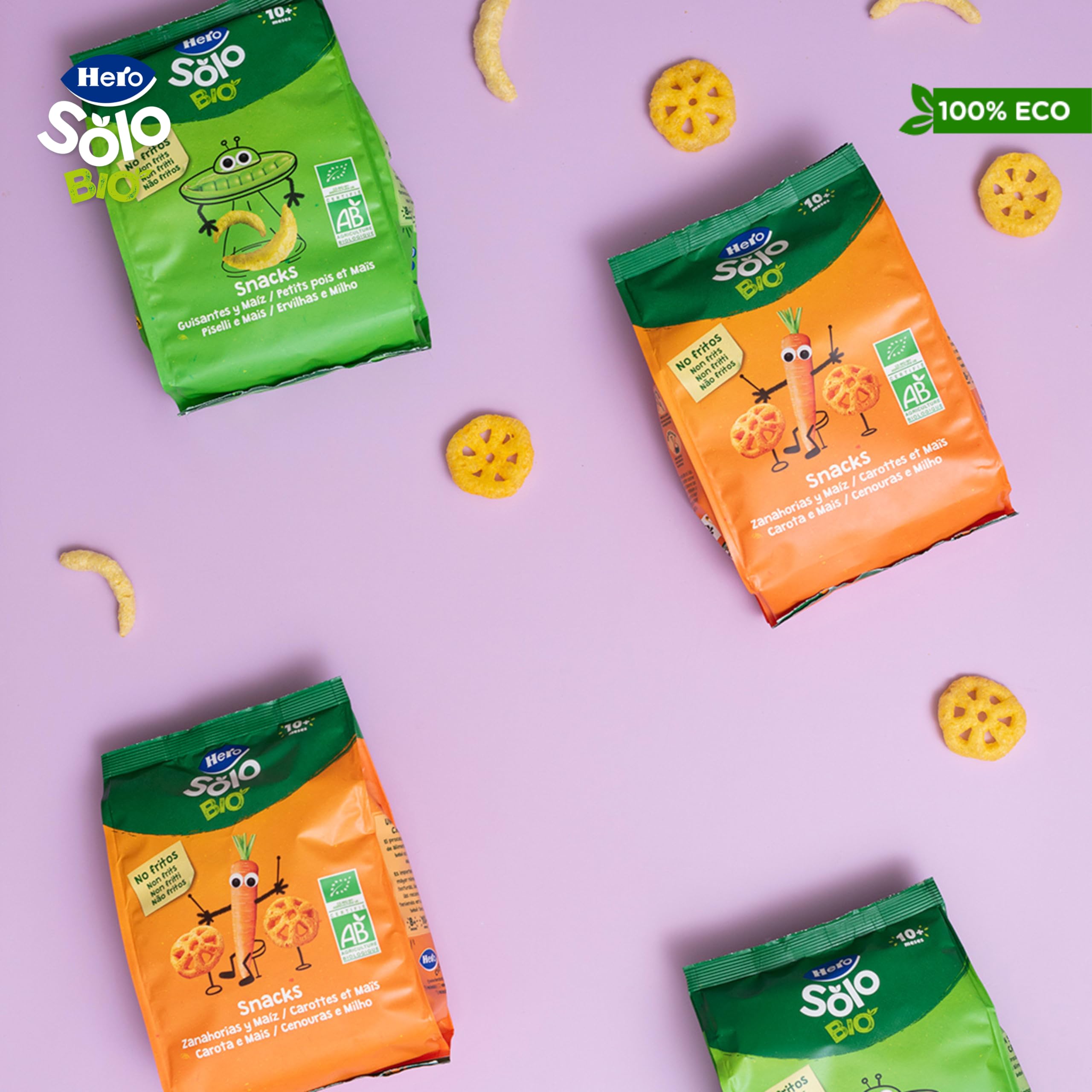 Hero Solo - Snack de Guisantes y Maíz, 100% ECO, BIO, con Ingredientes de Agricultura Ecológica y UE, No Fritos, Apto para Bebés a Partir de 10 Meses - Pack de 6 x 40 g