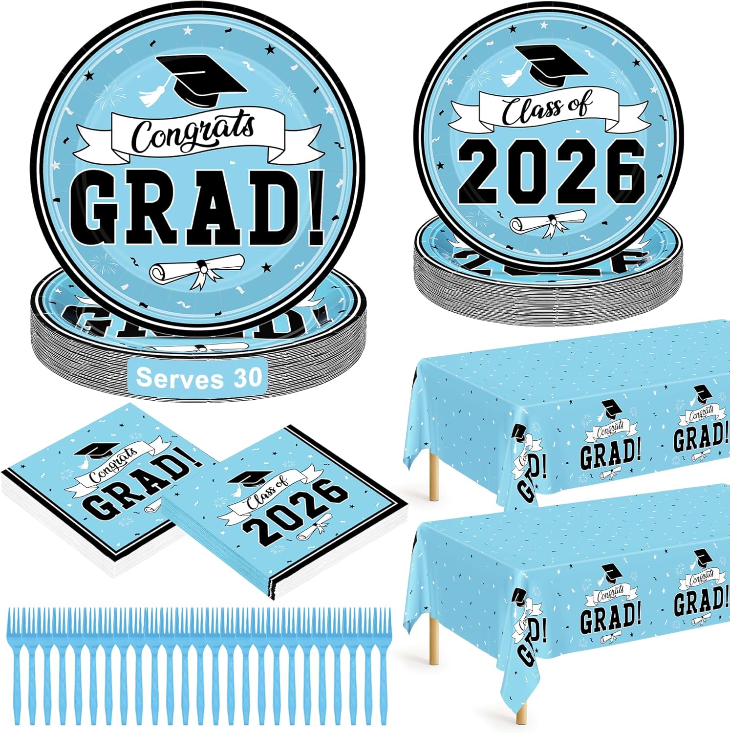 122 Pcs Graduation Plates and Napkins 2026 Serve 30, Disposable Graduation Decorations Class of 2026 Decorations, Skyblue Paper Plates and Napkins Forks Tablecloth Grad Tableware for Party Supplies