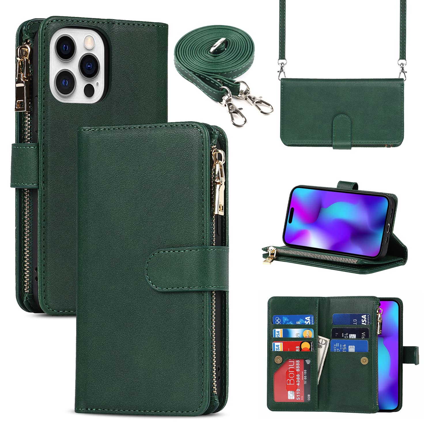 DOKALLCGS Zipper Wallet Leather Case Crossbody Case with Adjustable Necklace Strap Lanyard Cases