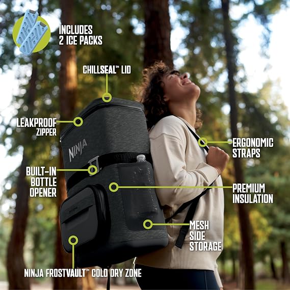 Ninja | Backpack Cooler | FrostVault Go 24 Can Soft Cooler | Leakproof Zipper with Built in Can Opener, 2 Ice Packs & Dry Storage Drawer | for Hiking, Camping & More | Charcoal Gray | FF124CG