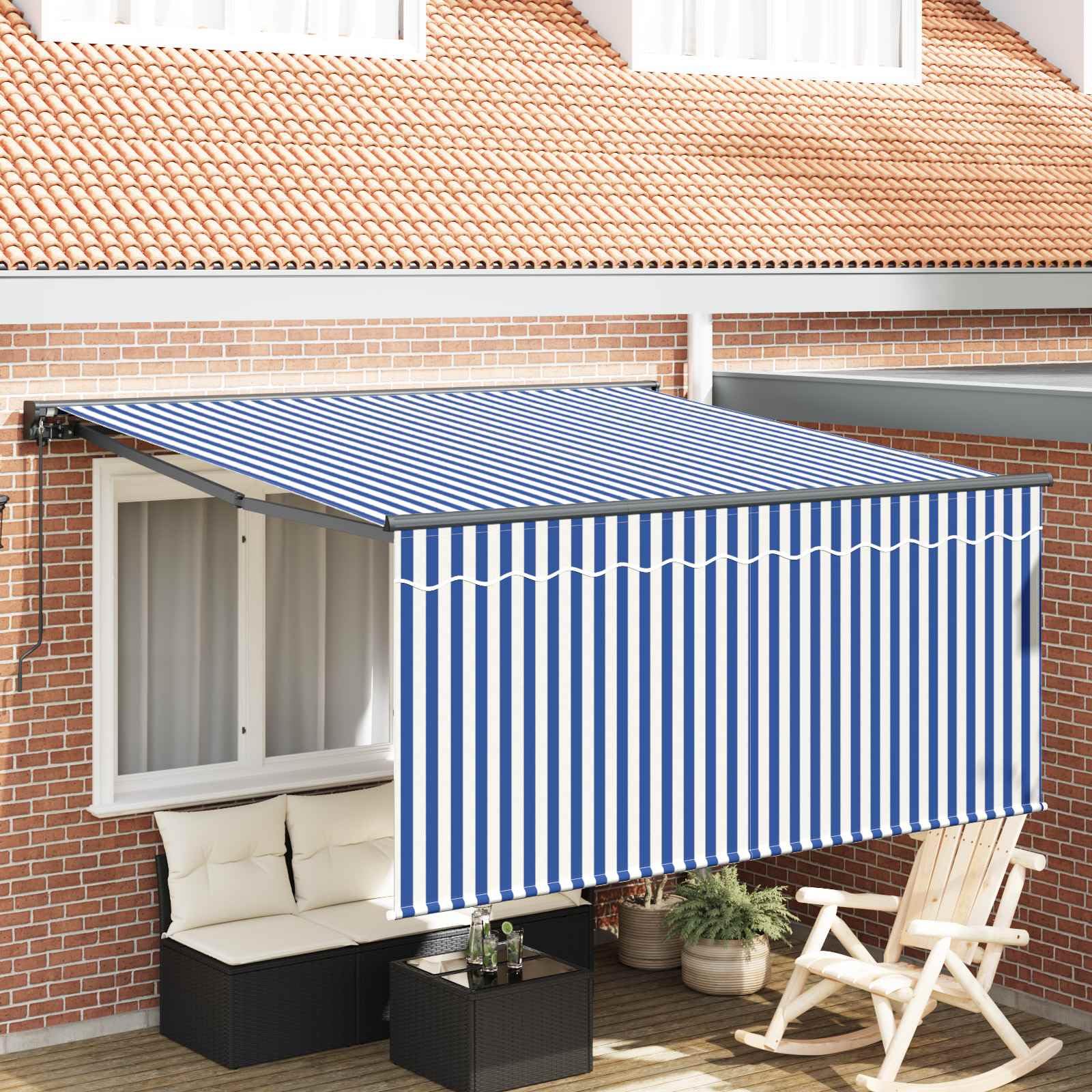 Toldo retráctil azul blanco 350 x 250 cm, toldo con brazo articulado para terraza y jardín, protección solar manual de poliéster y aluminio para exteriores