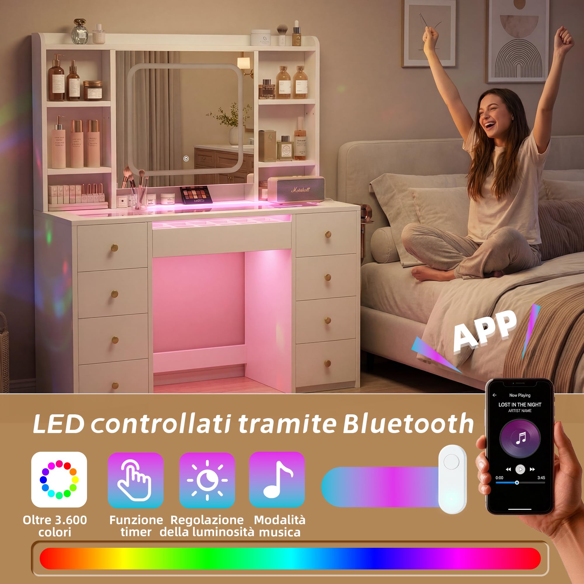 Toeletta Trucco con Luci LED Regolabili e Prese, Tavolo da Trucco con Specchio, Organizer, 9 Cassetti, 7 Ripiani, Porta Phon, per Camera da Letto e Cabina Armadio, Bianco JBDT001WT