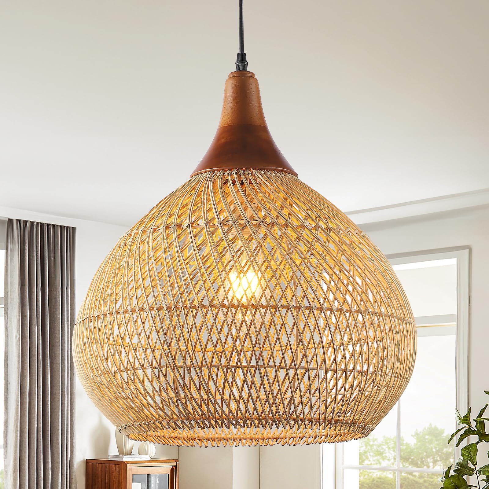 Schindora Bamboo and Wood Light Shade,Walnut Lamp Shade E27 Kitchen Lamps Hand-Woven Vintage Pendant Light for Bedroom Restaurant Living