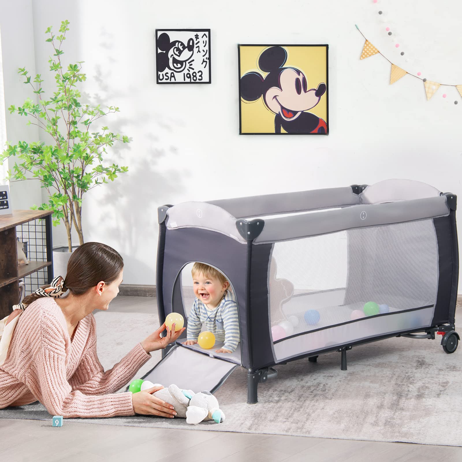 LIFEZEAL Lit Parapluie avec Matelas 2 Niveaux, Lit Pliant Bébé avec Sac de Rangement, Lit Bebe 0-36 Mois avec Table à Langer, Moustiquaire, Charge de 15 kg (Gris)