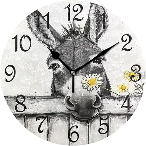 Reloj de pared redondo de madera con flores de burro blanco y negro, silencioso, sin tictac, reloj de baño de 10 pulgadas, funciona con pilas, para
