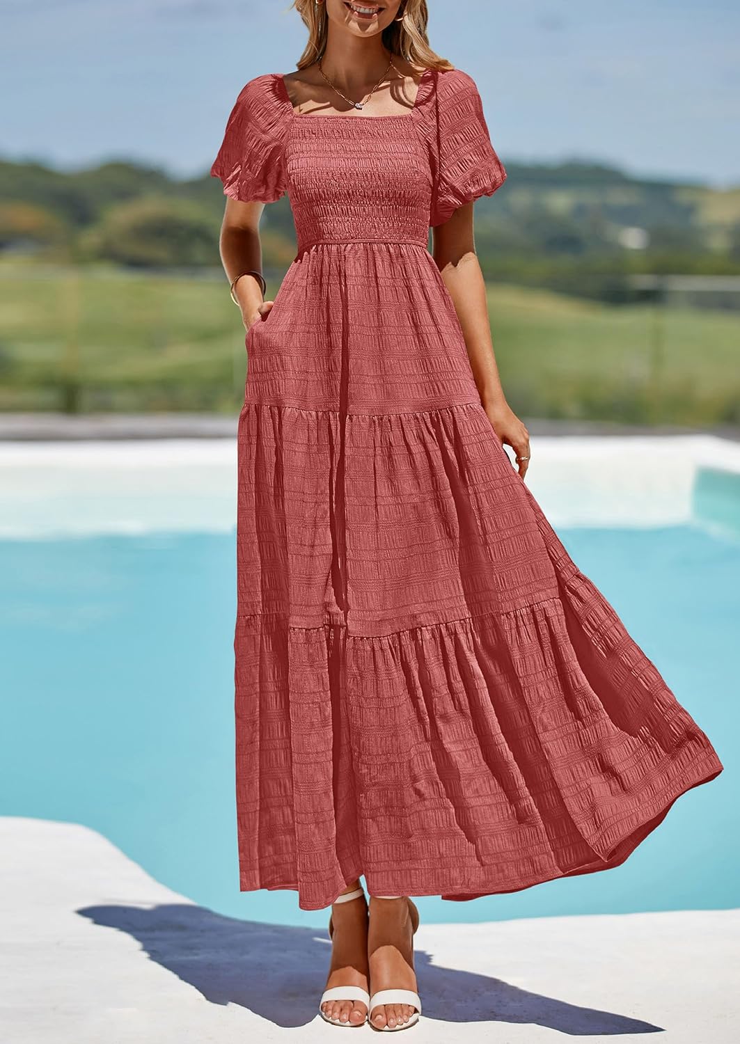 PRETTYGARDEN Womens Summer Puff Short Sleeve Maxi Dress Square Neck Smocked Tiered Ruffle A Line Long Flowy Beach Dresses - Image 6