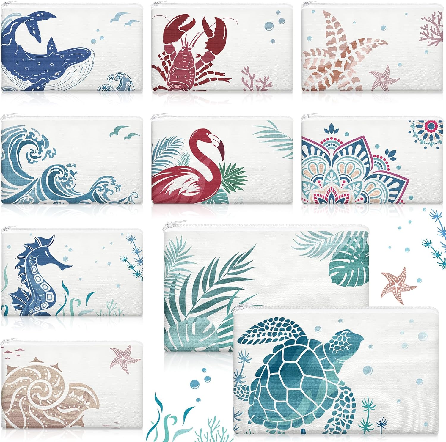 Kacctyen 10 Pcs Beach Makeup Bags Bulk Zipper Pouch Canvas Beach Themed Cosmetic Bag for Women Cruise Ship Essential Sea Summer Vacation Organization Cruise Party Favor Bridesmaid Wedding(Multicolor)