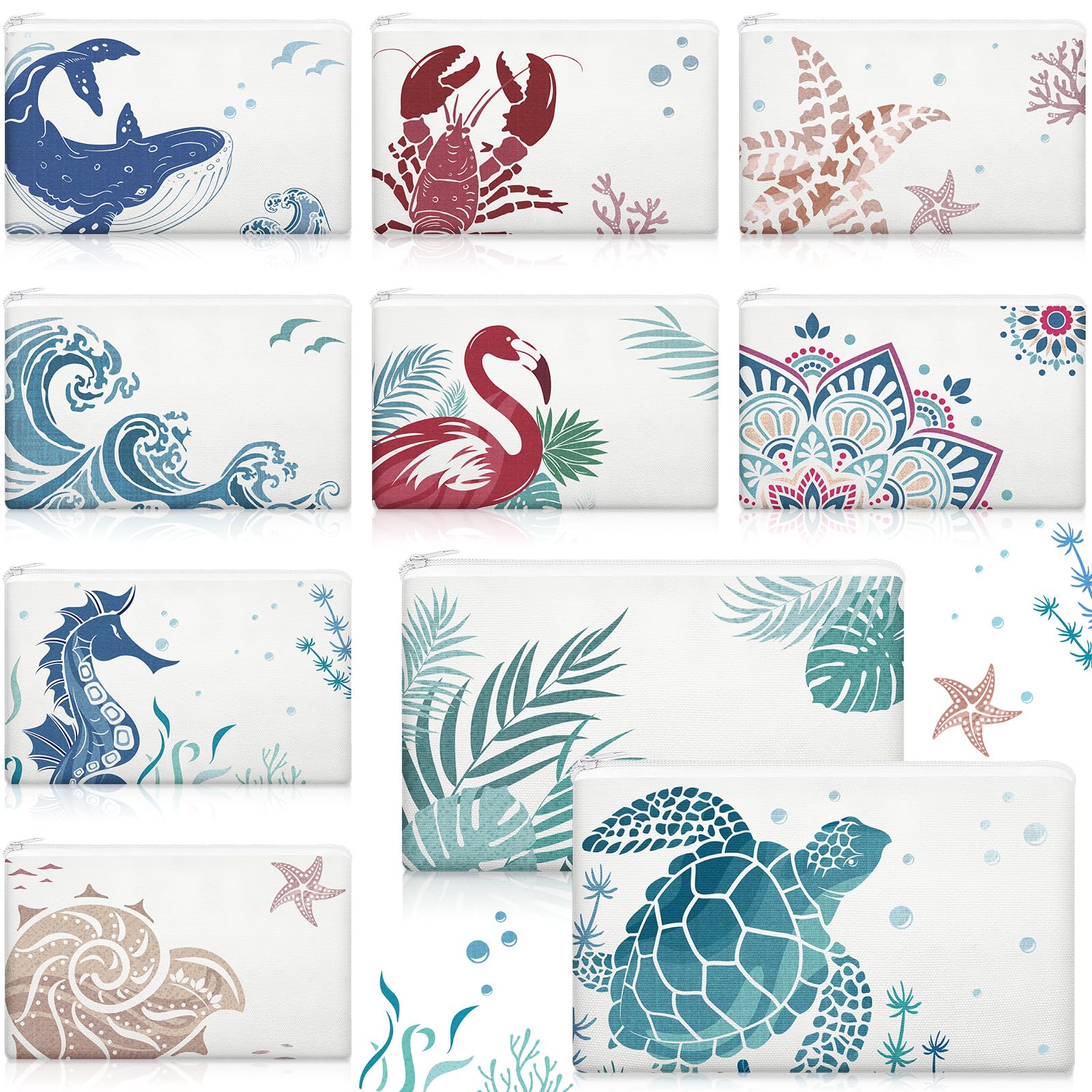 Kacctyen 10 Pcs Beach Makeup Bags Bulk Zipper Pouch Canvas Beach Themed Cosmetic Bags for Women Cruise Ship Essentials Sea Summer Vacation