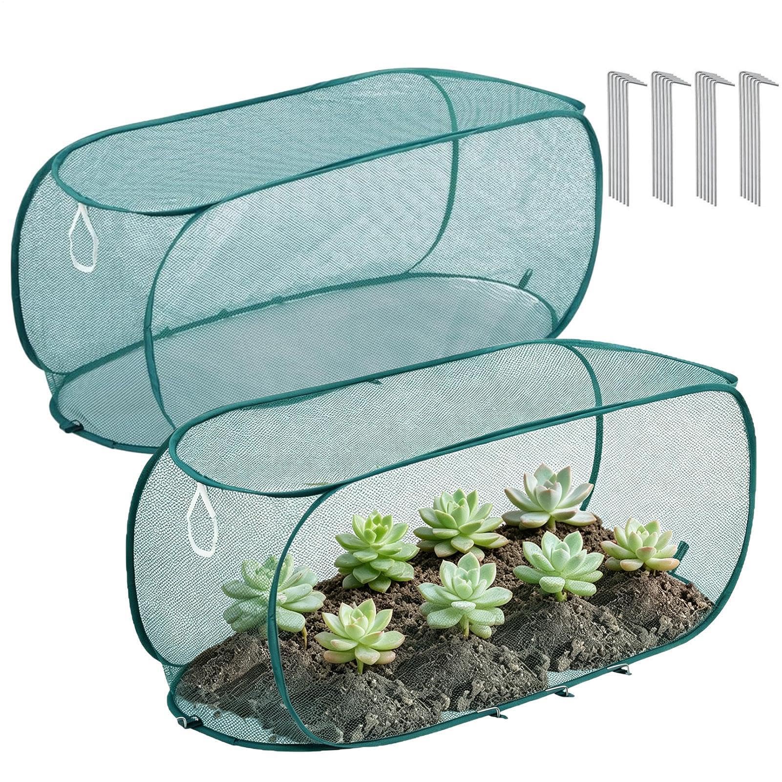 Pop-Up Mesh Plant Covers, 2 Pack Fine Garden Cloches with Stakes, Foldable Animal Barrier Protection for Vegetables, Fruit, Flowers, Seedlings – Outdoor Raised Bed Greenhouse