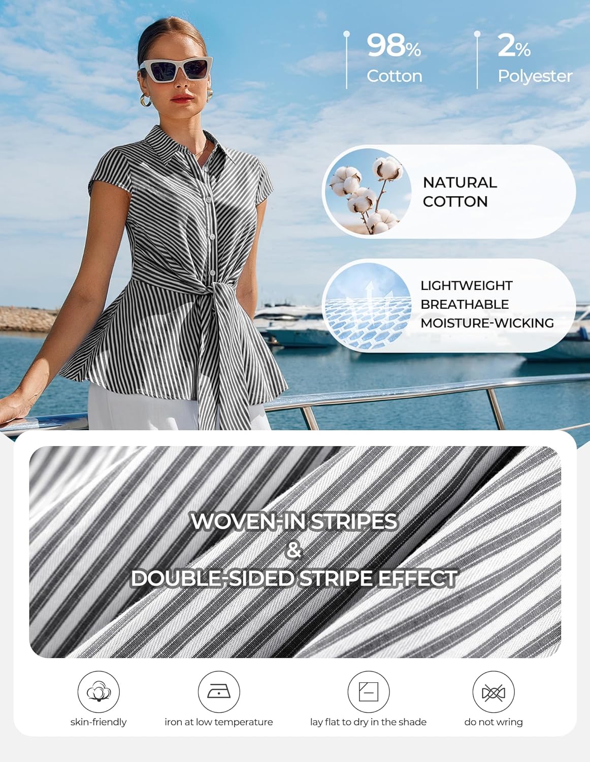 GRACE KARIN Striped Button Down Shirts Women,Short Sleeve Peplum Tops Business Casual,Tie Front Work Cotton Blouses Summer - Image 3