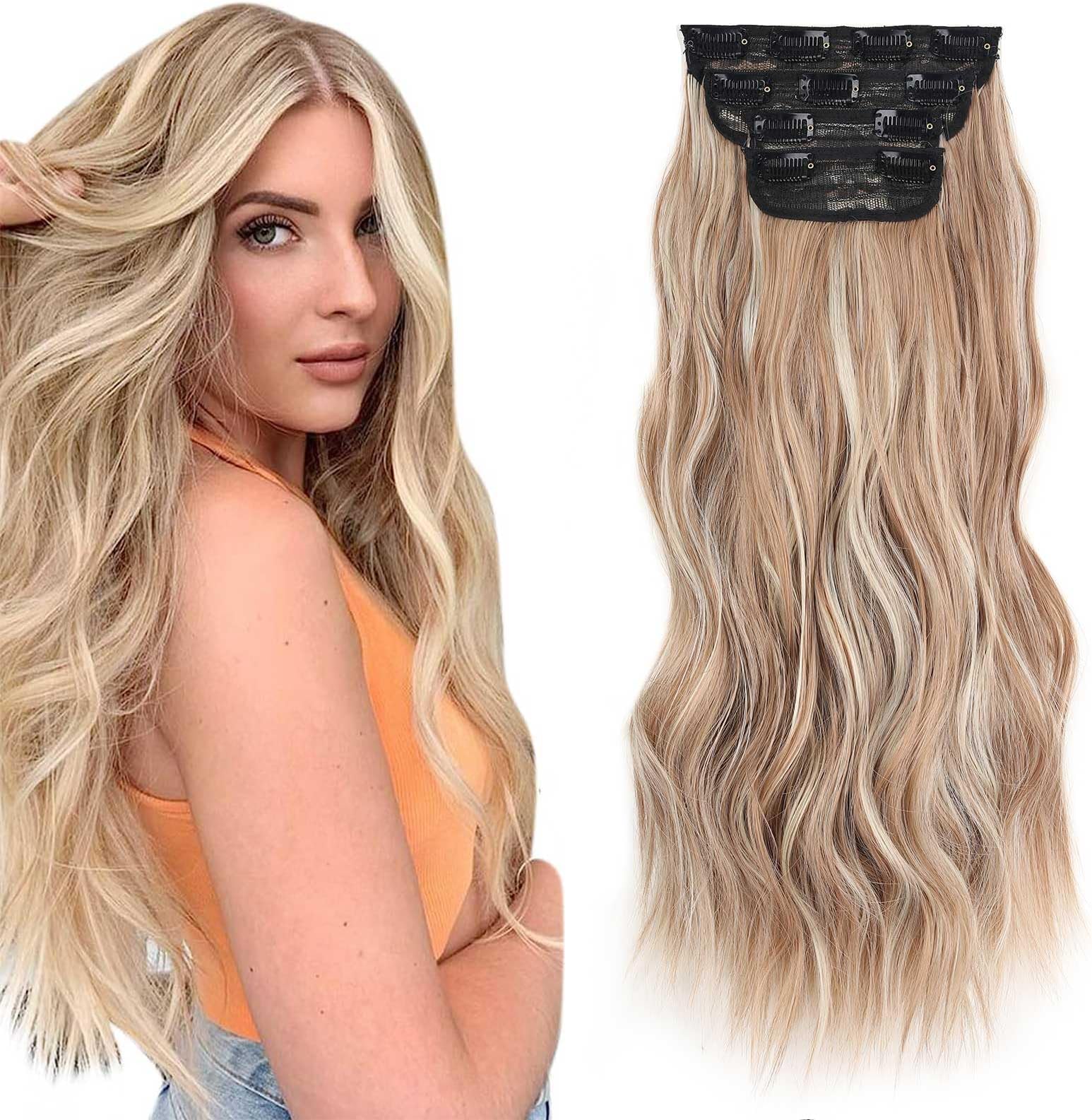 Xtrend 16Inch Long Wavy Clip in Synthetic Hair Extensions (4PCS Full Head Set) - Thick Curly Wavy Hair Pieces for Women & Girls - (22H88B)