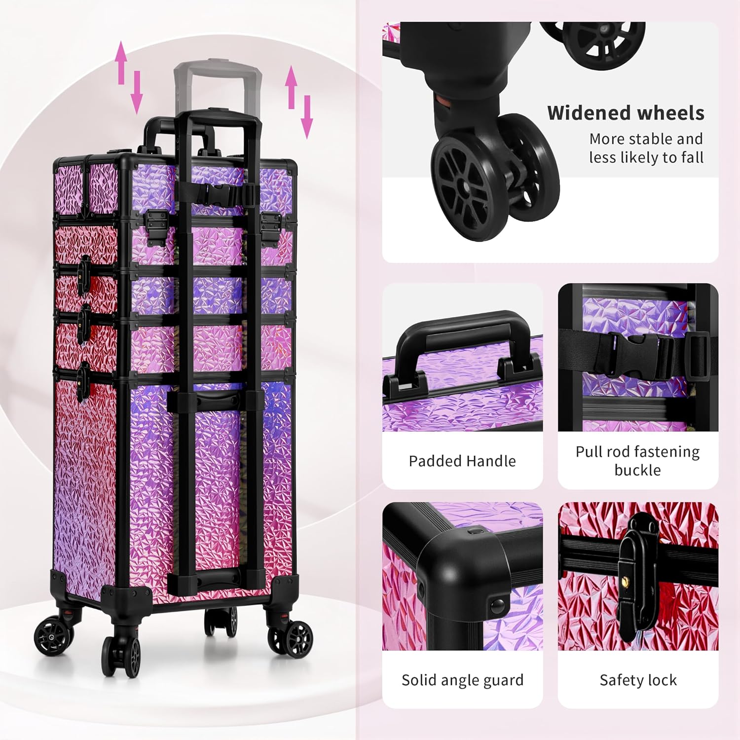 Profesional Rolling Makeup Train Case with Lid, 5 in 1 Cosmetology Case on Wheels, Large Cosmetic Trolley Organizer Travel for Hairstylist Artist Nail Beauty Salon Barber, Gravel Pink - Image 5