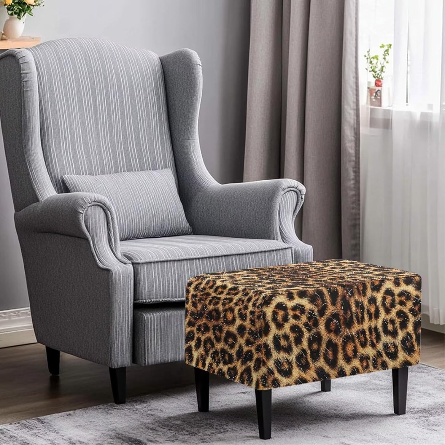 Leopard Print Ottoman Cover Square Rectangle Folding Storage Stool Furniture Protector Soft Slipcover for Living Room