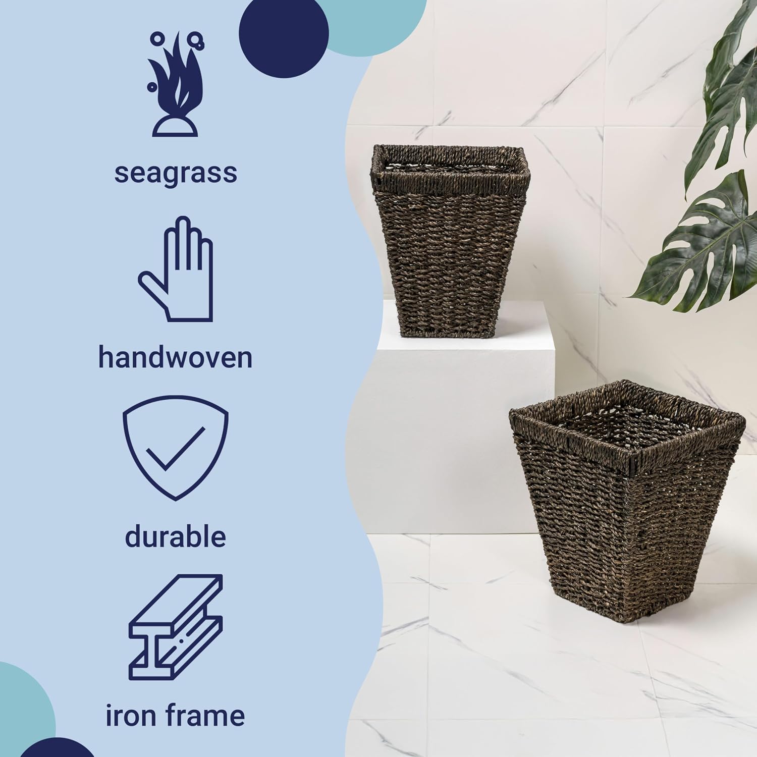 happimess HPM1405B-SET2 Alden Rustic Bohemian Handwoven Seagrass 2.3-Gallon Tapered Square Wicker Watebasket, Brown (Set of 2)