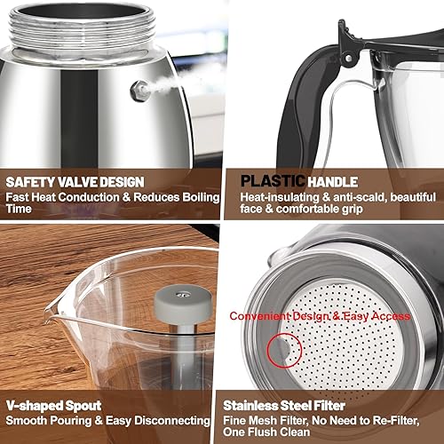 Miniatura 5 de Olla de plástico transparente de 6 tazas de acero inoxidable sin recubrimiento, cafetera italiana, cafetera moca greca, cocina clásica de inducción