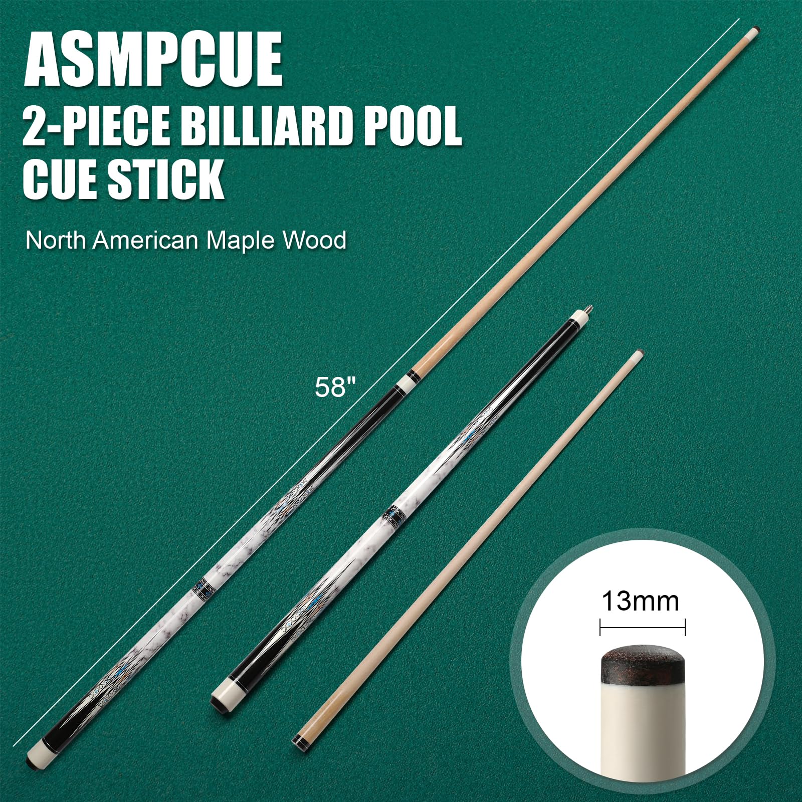 Stecca Da Biliardo Winucue In Acero Canadese 147 Cm - 2 Pezzi, Impugnatura In Pelle Sintetica, Peso 538g