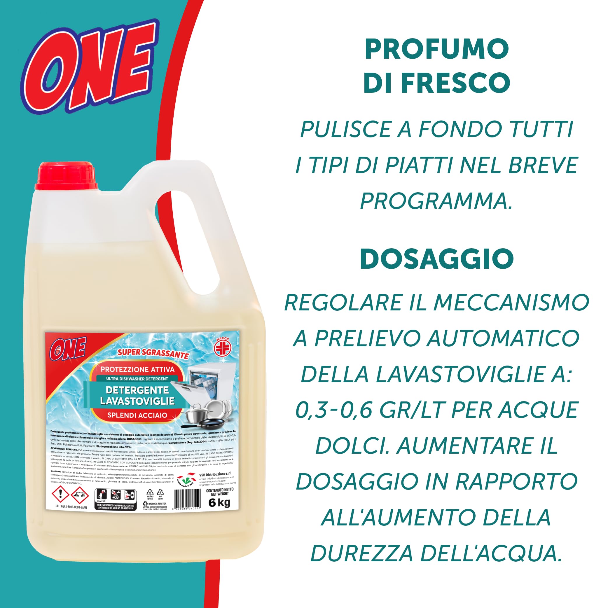 ONE 20 Litri di DETERGENTE SPECIFICO PER LAVASTOVIGLIE AD USO PROFESSIONALE Perfetta pulizia e brillantezza di vetro, acciaio, piatti (4 x taniche da 5 lt) Protezione Attiva Super Sgrassante