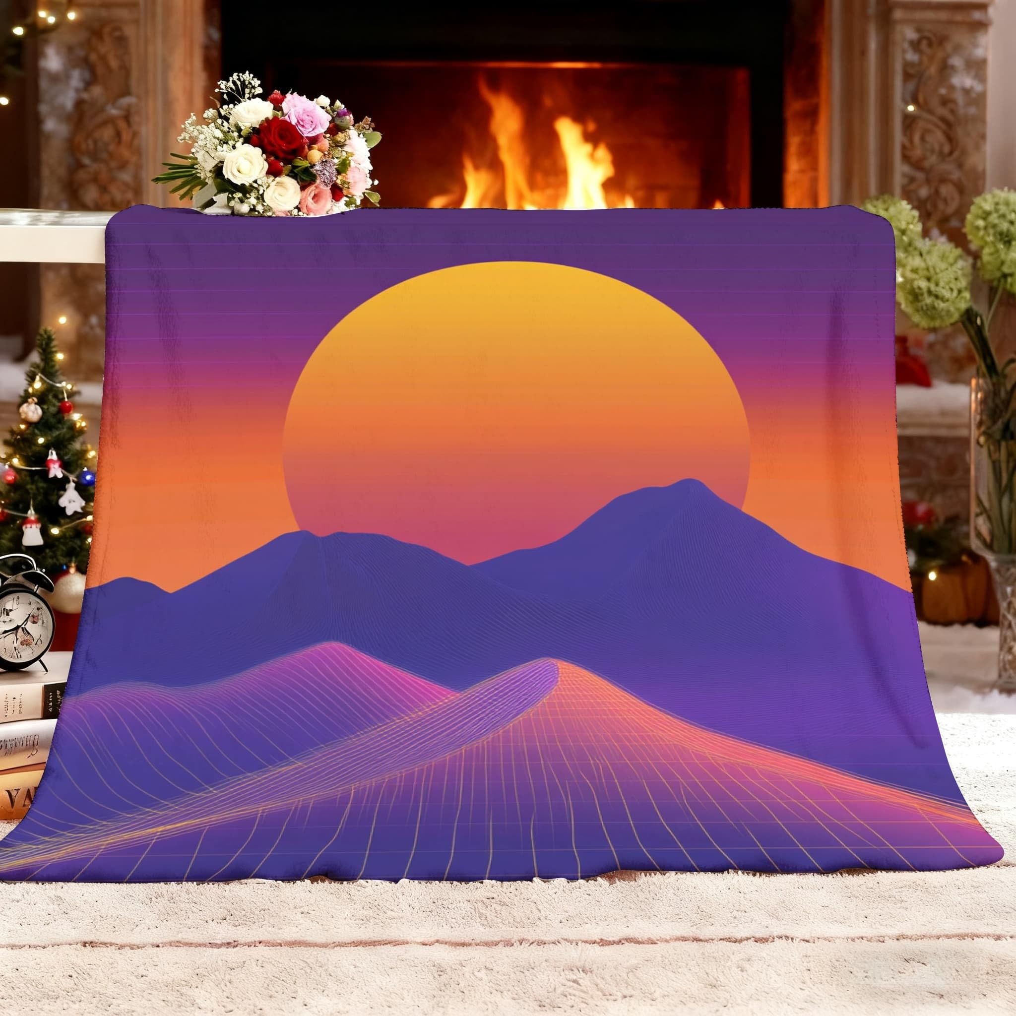 Przytulny koc polarowy XXL, 180 x 200 cm, abstrakcyjne góry, zachód słońca, geometria, miękki, ciepły, pomarańczowo-fioletowa flanela, do salonu, sypialni, przytulnego koca na sofę