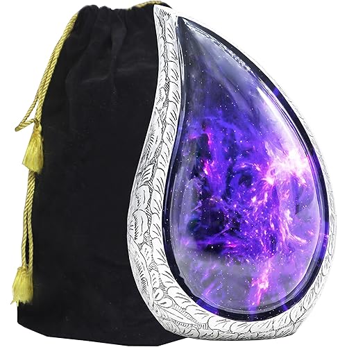 M MEILINXU Cremation Urns for Human Ashes Adult Female & Male, Urn for Ashes for Women & Man, Aurora Borealis Teardrop, Funeral Decorative Engraving, Purple and Black, Cosmic Galaxy Tear Drop - Large