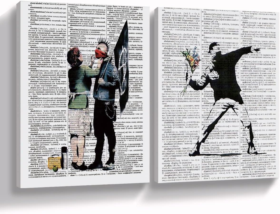 Banksy Punk Anarchist And Mother Flower Thrower Canvas Wall Art Prints Street Art Themed Art Decor for Office Home Bathroom Bedroom Living Room,Teens Gifts，11”x14”Inch Paintings Set of 2 Art Decor