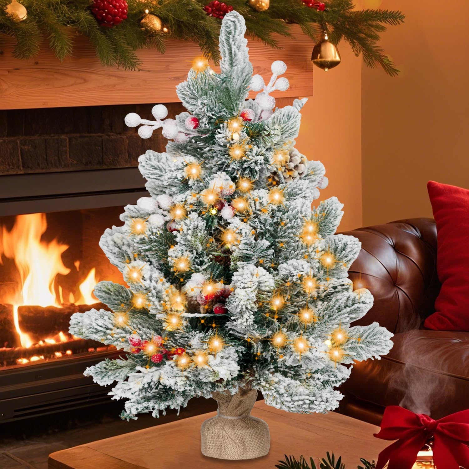 2FT Pre-lit Mini Christmas Snow Flocked Tree,Tabletop Artificial Christmas Tree with LED Lights, Small Xmas Pine Tree with Cloth Bag Base for Christmas Decor,12 PCS Berry & 8 Pinecones