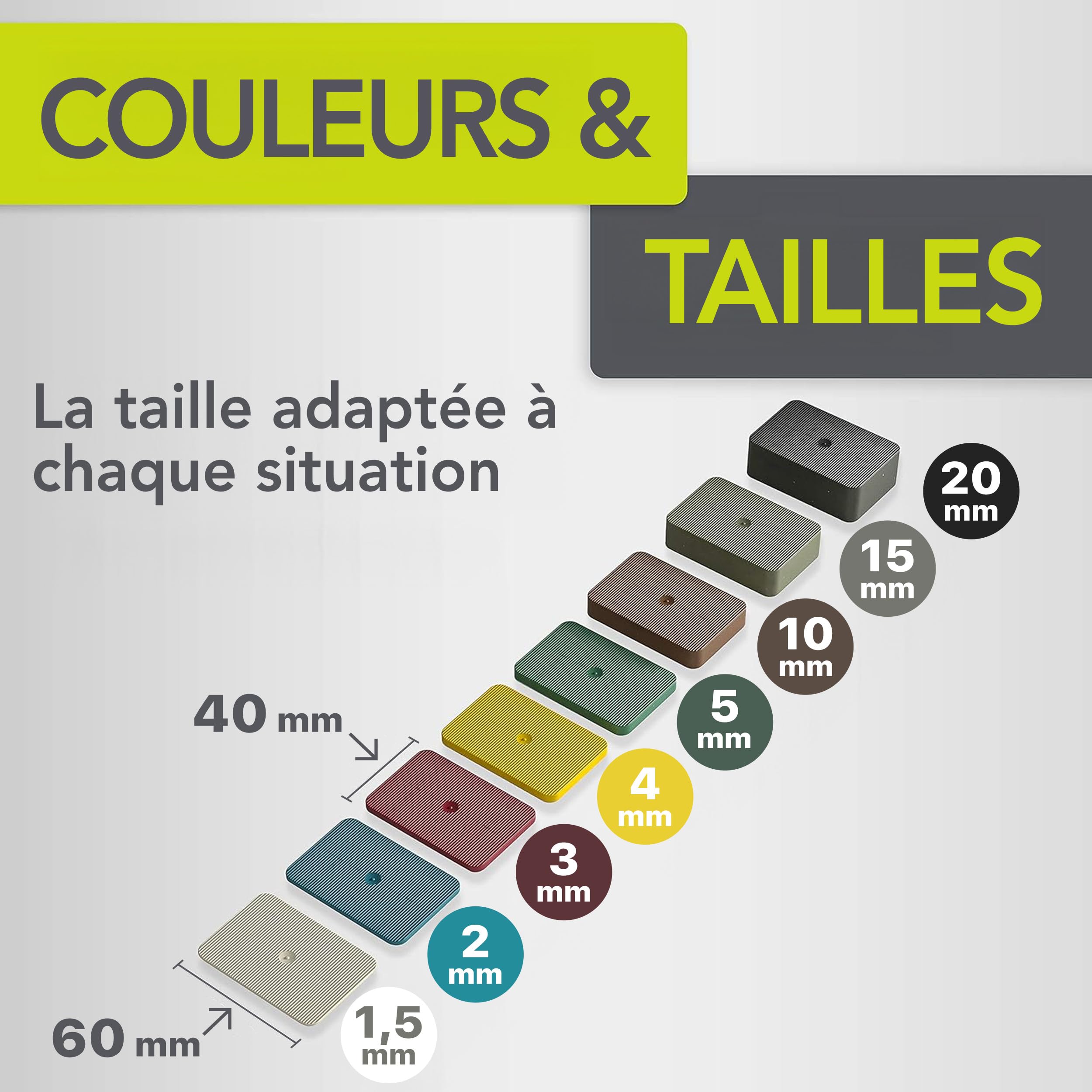 plaques de support de haute qualité 60 x 40 mm | Entretoises en plastique | Capacité de charge jusqu'à 5 tonnes | Lot : 1,5, 2, 3, 4, 5, 10, 15, 20 mm