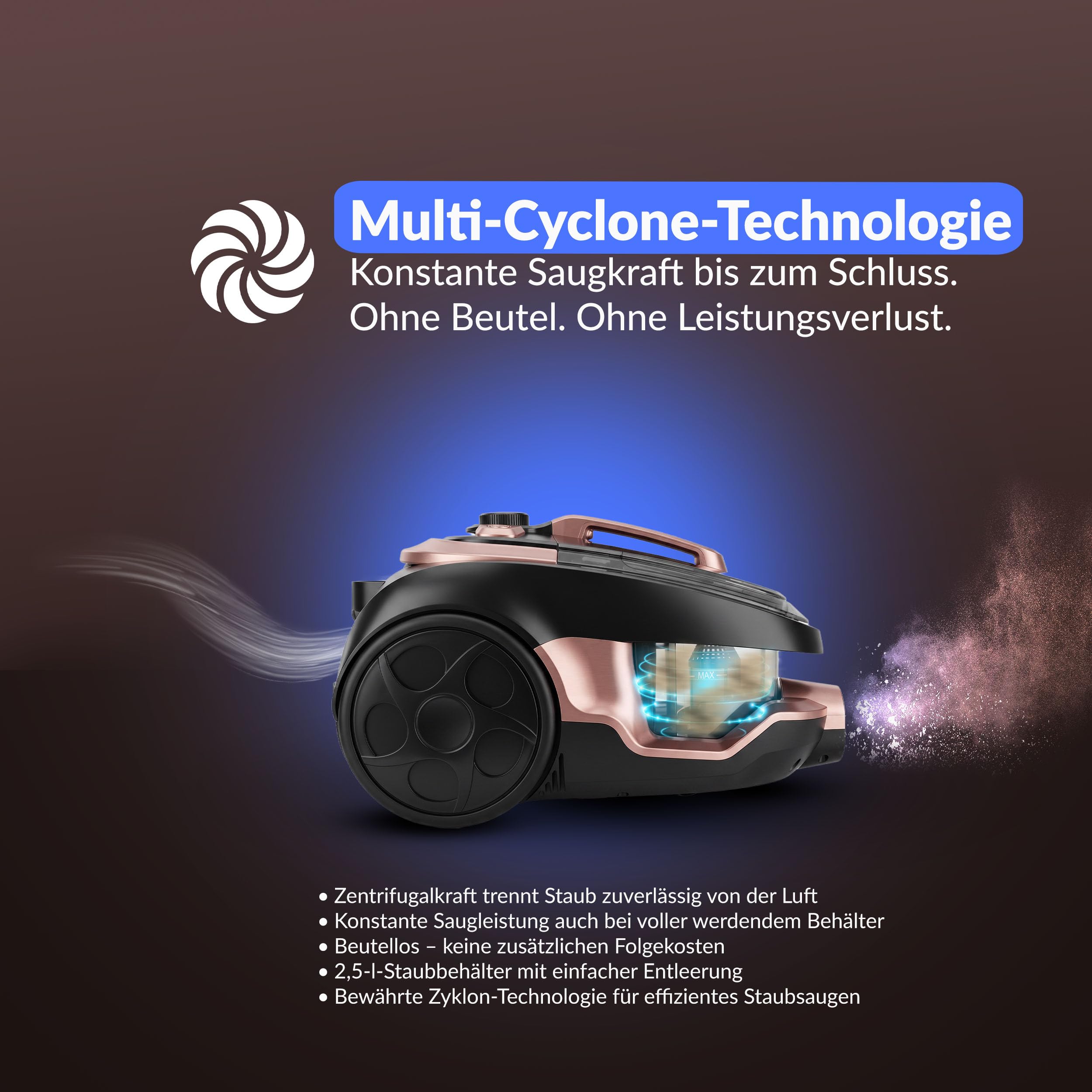 LEHMANN Zyklon Staubsauger beutellos, Bodenstaubsauger mit leistungsstark Zyklontechnologie, 9m Aktionsradius, Staubbehälter 2,5L, H13 HEPA Filter, Doppelfiltration, 5 Düsensatz, Turbobürste