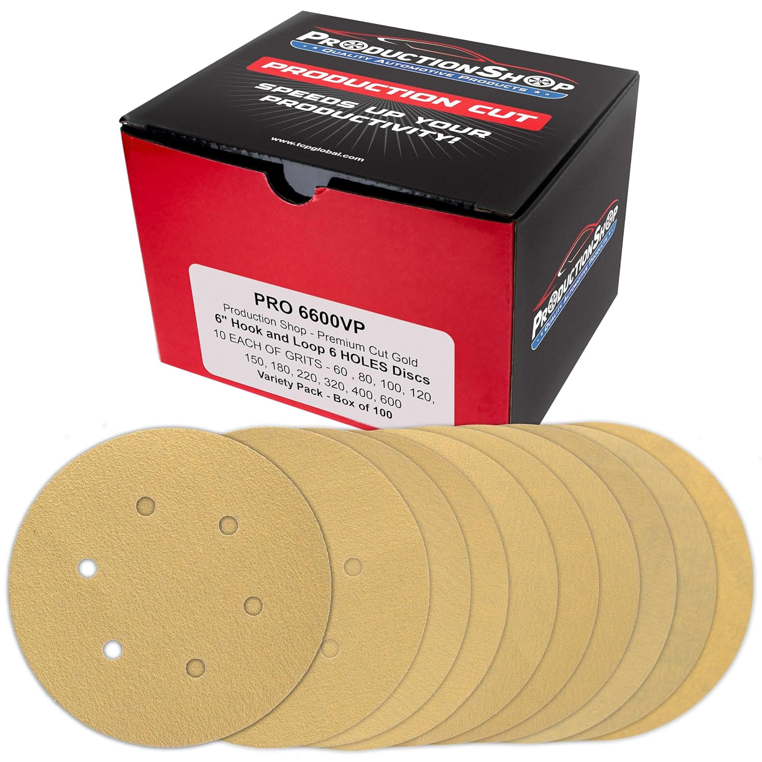ProductionShop Premium 6" Gold Sanding Discs, 6-Hole Pattern, 100 Disc Variety Pack, Grits 60, 80, 100, 120, 150, 180, 220, 320, 400, 600 - Hook & Loop Sandpaper, DA, Random Orbital Sander, Auto Wood