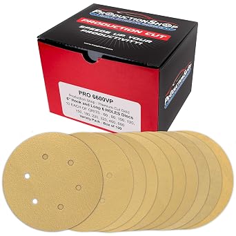 ProductionShop Premium 6" PSA Gold Sanding Discs, 100 Disc Variety Pack, Grits 60, 80, 100, 120, 150, 180, 220, 320, 400, 600 - Self Adhesive Stickyback Sandpaper, DA & Random Orbital Sanders - Wood