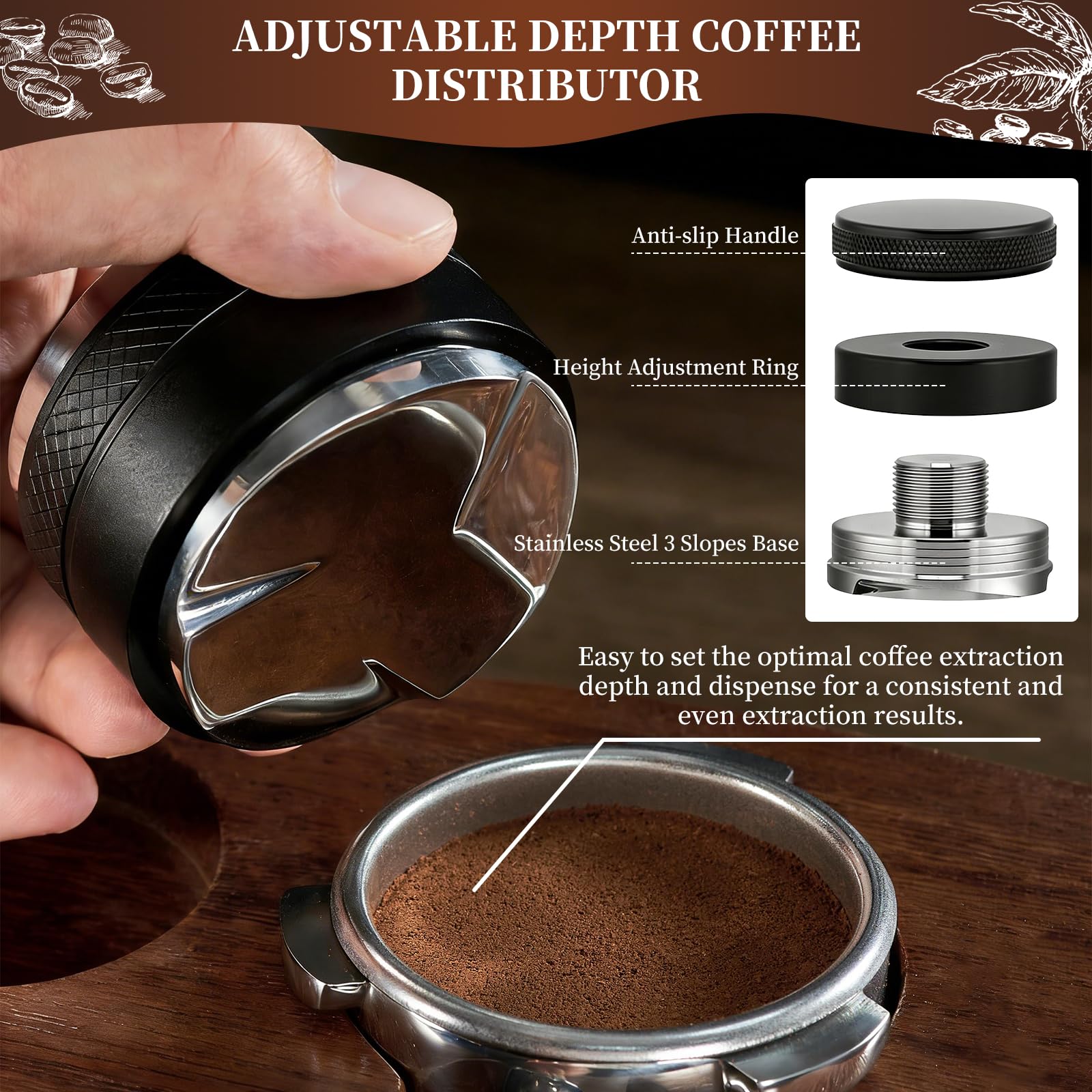Kit Cafe Barista 51 mm, 8 Piezas Accesorios Cafetera con Tamper, Distribuidor, WDT Tool, Anillo Dosificador, Puck Screen, Tamper Station, Cepillo Limpiador y Latte Art Pen, Juego de Prensador de Cafe