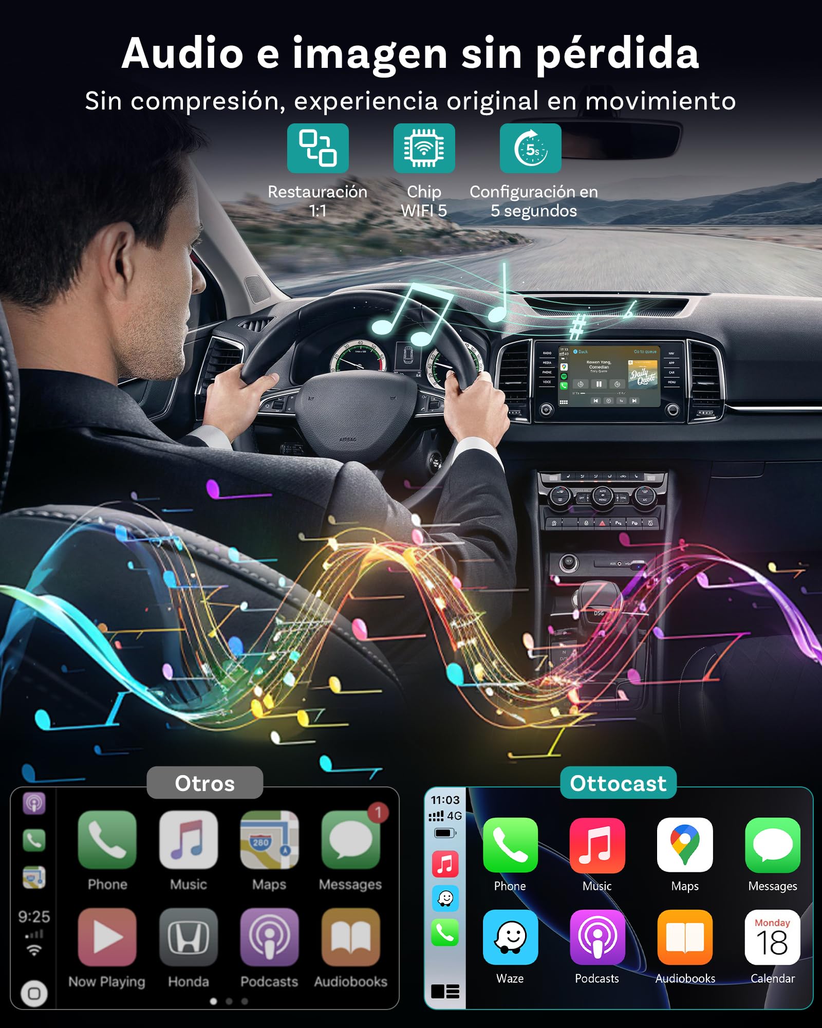OTTOCAST Mini Nova 2026 Upgraded, Adaptador CarPlay Inalámbrico Android Auto, Diseño Aluminio Compacto, WiFi Doble Banda, Plug & Play USB, para Coches con CarPlay con Cable OEM Desde 2016