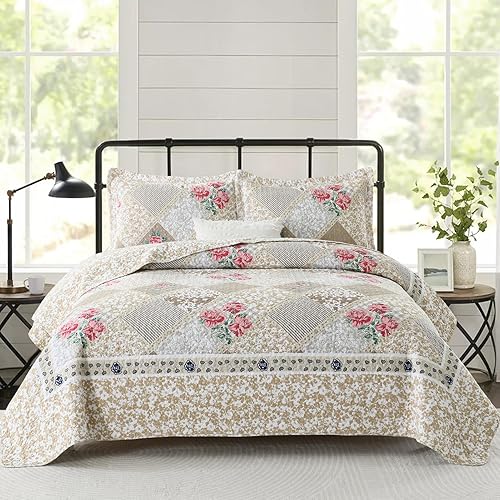DDUOXIN Colcha floral Queen de 102 x 120 pulgadas, edredón reversible de gran tamaño 100% algodón con 2 fundas de almohada, juego de colcha de